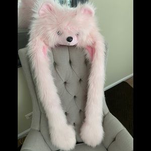 Furry Pink Bear Hat with Mittens